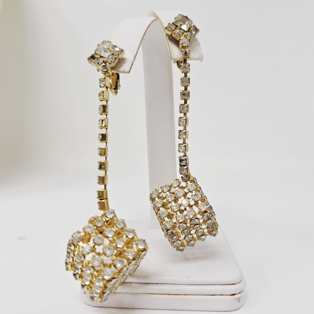Vintage Mod Clip Rhinestone Drop Earrings